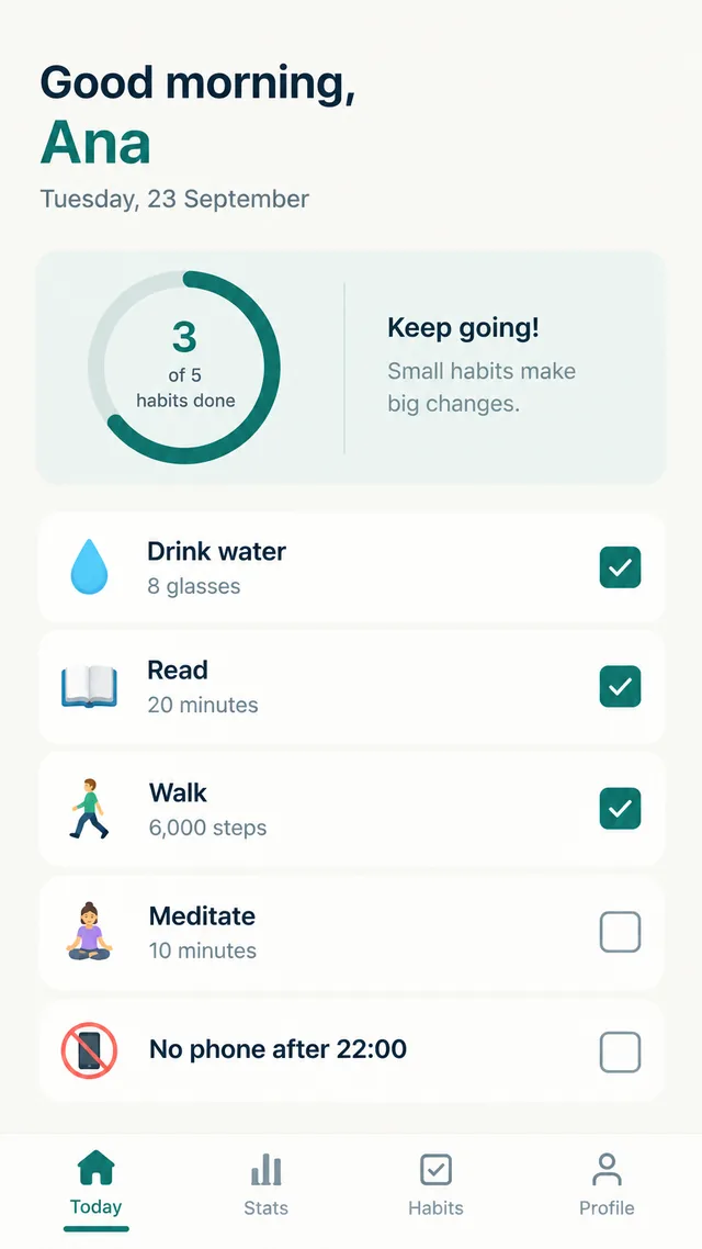 Mockup of a habit tracker app home screen: Good morning, Ana, a progress ring with 3 of 5 habits done, five habit rows with checkboxes and a bottom tab bar with Today, Stats, Habits and Profile
