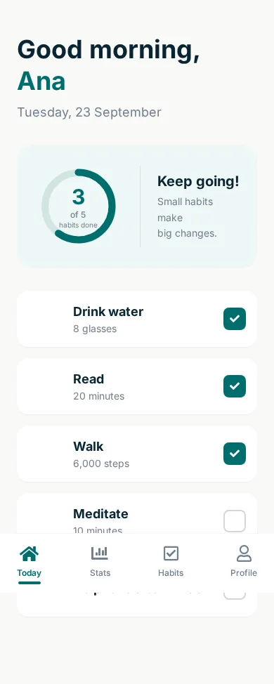 The generated HTML rendered at 390 pixels wide: greeting, progress ring, habit rows with checked and unchecked boxes and a fixed tab bar at the bottom