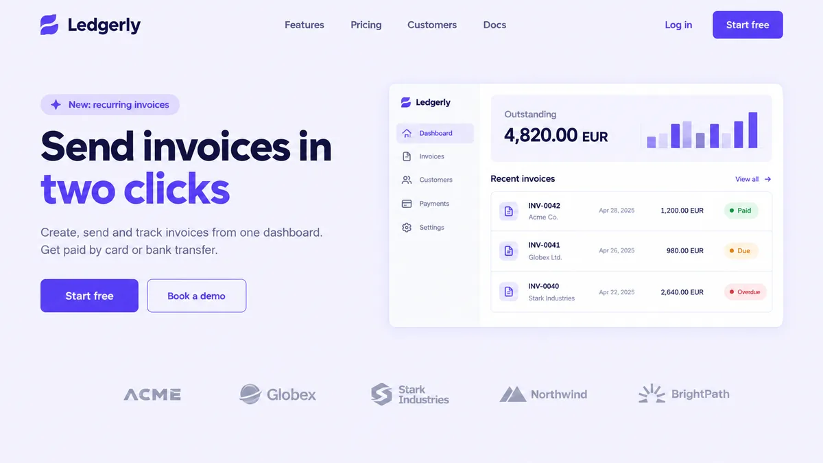 Example image: a landing page design for an invoicing app, in violet and white