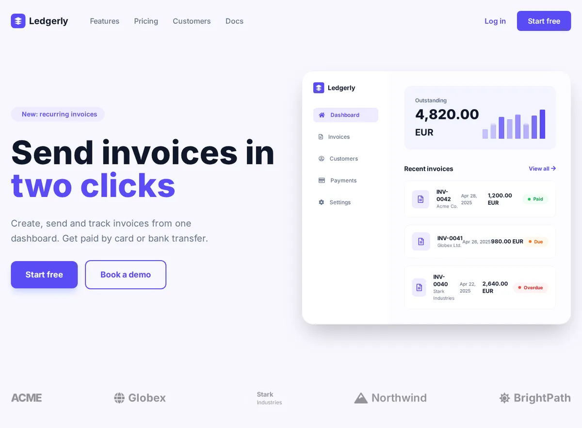 The generated HTML rendered in a browser: navigation, the two-colour headline, Start free and Book a demo buttons, the dashboard card with sidebar, bar chart and invoice list with coloured status badges, and the customer logo row