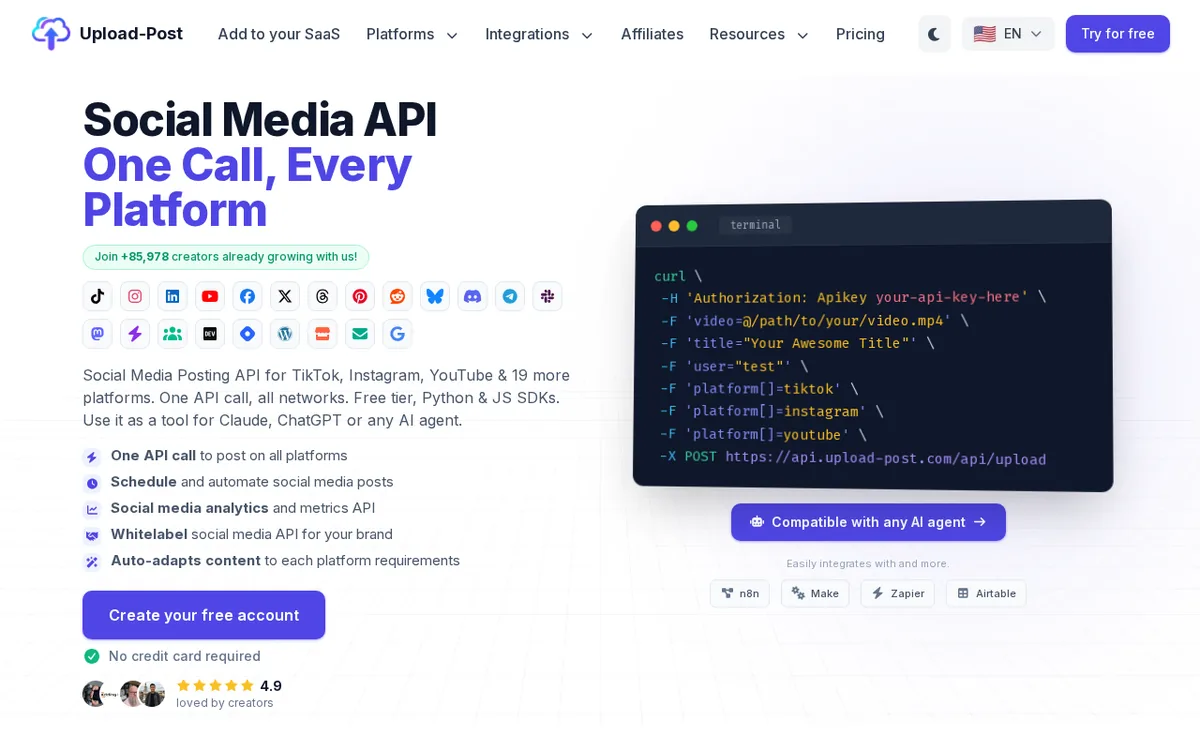 Screenshot of the Upload-Post home page: navigation with dropdowns, the headline Social Media API, One Call, Every Platform, rows of social network icons, a terminal window with a curl command and a Create your free account button