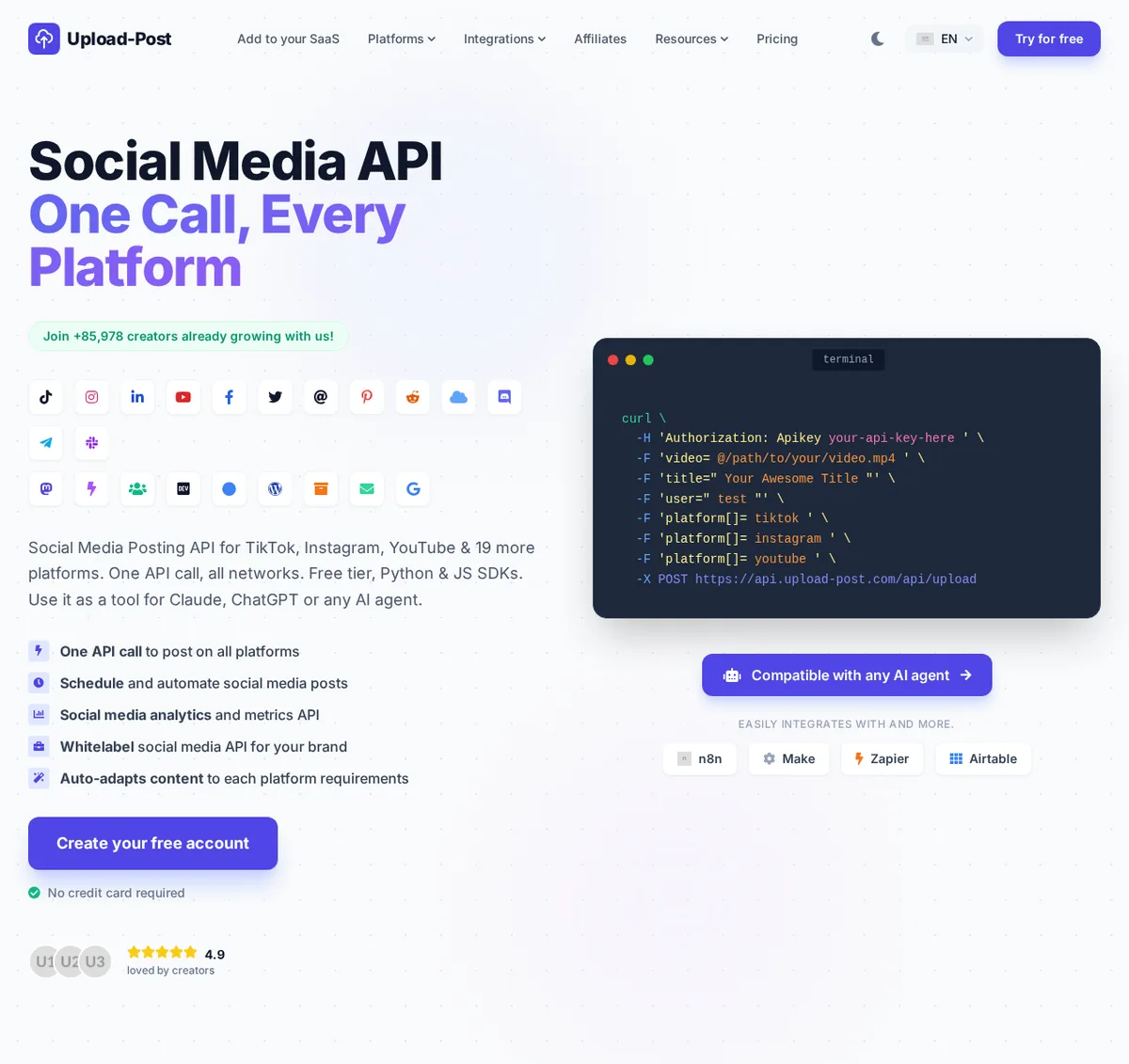The generated HTML rendered in a browser: the same navigation, two-colour headline, social icons, the terminal with the curl command, feature list, call to action button and integration chips